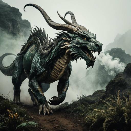 Hyper-Realistic Ancient Dragon in Misty Landscape