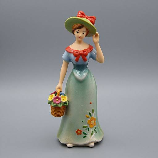 Photograph of a ceramic figurine: brunette woman in blue dress, red bow, green hat, holding flower basket, standing on blue-gray background.