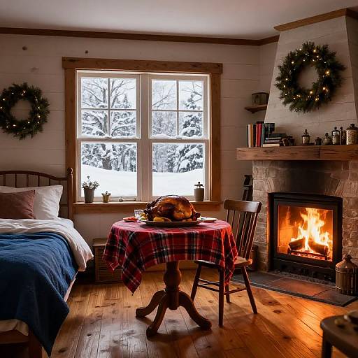 Cozy winter living room with roaring fireplace, Christmas wreaths, plaid tablecloth, turkey centerpiece, wooden chair, bed with blue blanket, snow