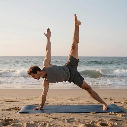 Young Men Practicing Yoga on Beach