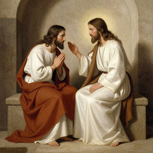 Photograph-like digital painting of Jesus with long brown hair and beard in white robe, sitting on bench, facing a bearded, long-haired disciple in