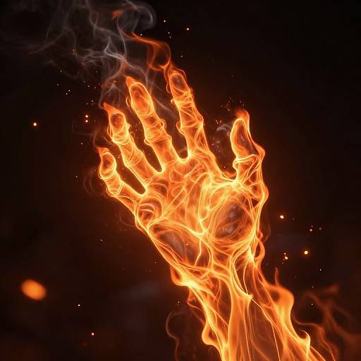 Photograph of a fiery, human-like hand with bright orange flames, curling fingers, and wisps of smoke against a dark background.