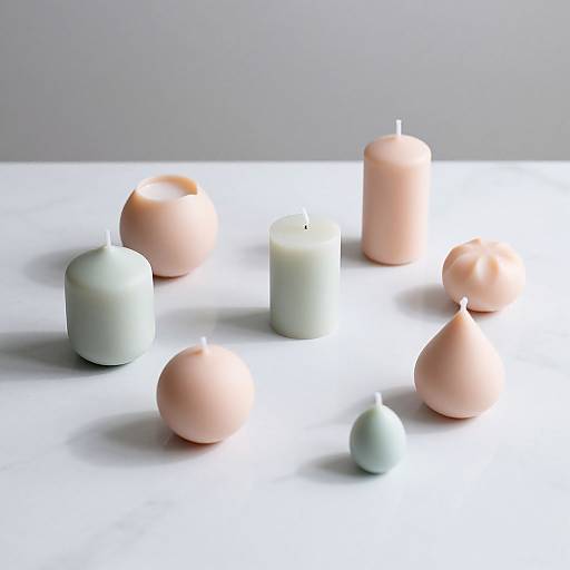 Photograph of minimalist white and pink ceramic candle forms of various shapes on a white surface, with a neutral gray background.