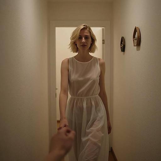 Elegant Woman in Dimly Lit Hallway