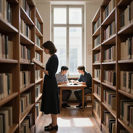 Photograph of a library: Woman in black dress stands between bookshelves, reading; two men sit at table in background, studying. Bright window