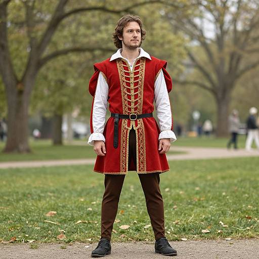 Photograph of a young man with wavy brown hair and beard, wearing a red, gold-embroidered Renaissance-style tunic, white shirt