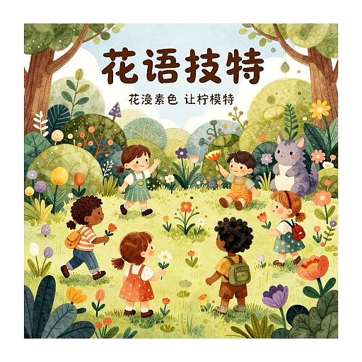 Illustration of diverse children playing in a vibrant, colorful garden with trees, flowers, and a whimsical purple creature. Japanese text above. Bright,