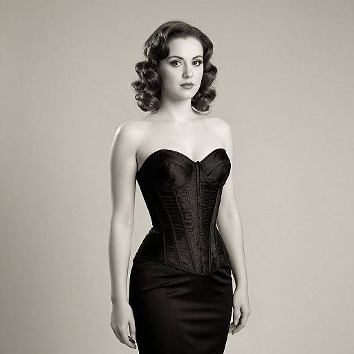 Black-and-white photograph of a curvy woman with vintage-style, wavy dark hair, wearing a strapless, corset-style black dress, standing