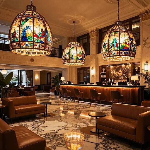 Luxurious hotel lounge with marble floors, brown leather sofas, and three vibrant stained-glass dome chandeliers, casting colorful light.