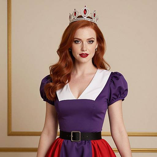 Photograph of a fair-skinned woman with long red hair, wearing a silver crown, purple dress with white collar, red skirt, black belt,