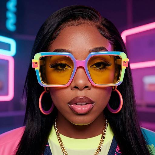Photograph of a Black woman with long black hair, wearing neon pink and blue oversized sunglasses, pink hoop earrings, yellow shirt, and gold necklace,