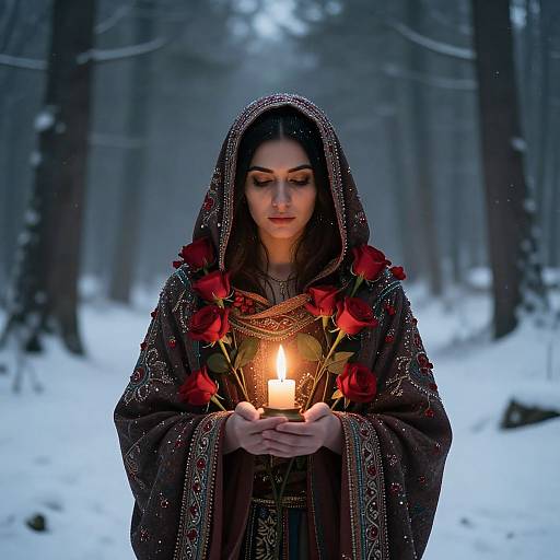 Photograph: Young woman with dark hair, wearing a detailed brown hooded cloak adorned with red roses, holds a lit candle in a snowy forest.