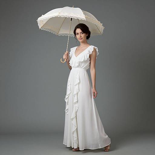 Photograph of a slender woman with fair skin, dark hair in an updo, wearing a white, sleeveless, ruffle-trimmed gown