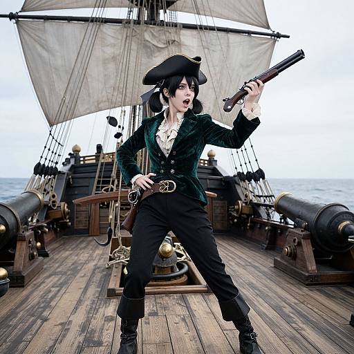 Photorealistic digital art: A young pirate with black hair, tricorn hat, green coat, and black pants, pointing a pistol on a wooden