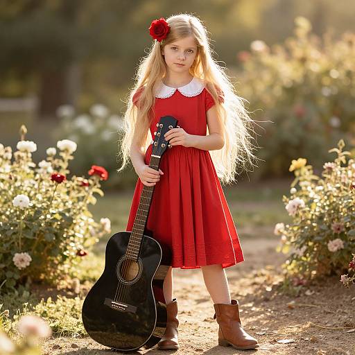 Photograph of a blonde girl with long hair, wearing a red dress and brown boots, holding a black guitar, with a red rose in her hair