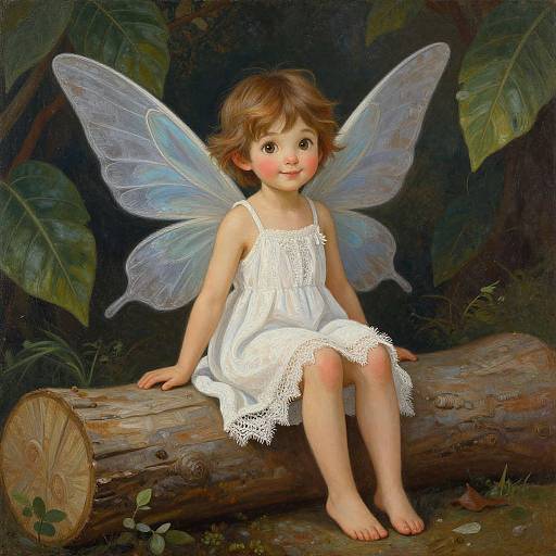 Digital painting of a cute, fair-skinned fairy child with brown hair, wearing a white lace dress, sitting on a log in a dark forest,