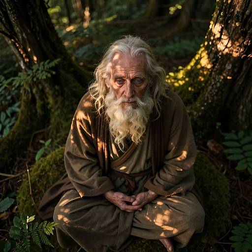 Photograph of an elderly, white-haired man with a long, white beard, wearing a brown robe, sitting cross-legged in a forest, dapp