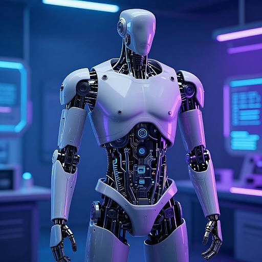 Photorealistic CGI of a white and black humanoid robot with glossy, segmented armor in a futuristic, neon-lit laboratory.
