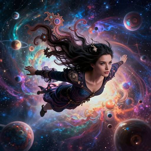 Female Wizard Flying Through Cosmic Landscape