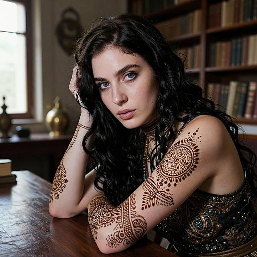 Photograph of a pale-skinned woman with long black hair, blue eyes, and intricate henna tattoos on her arms, leaning on a wooden table
