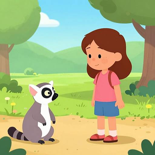 Cartoon illustration of a brown-haired girl in pink shirt and blue shorts standing beside a curious ring-tailed lemur in a sunny, green park.