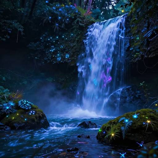 Bioluminescent Night Waterfall Magic