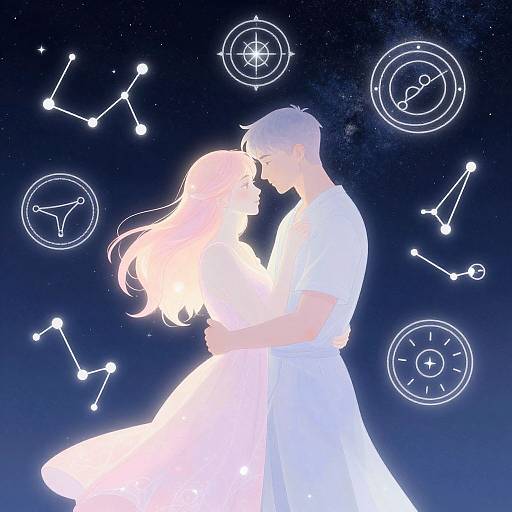 Digital illustration of a couple in white, embracing against a starry night sky with zodiac symbols and celestial circles.