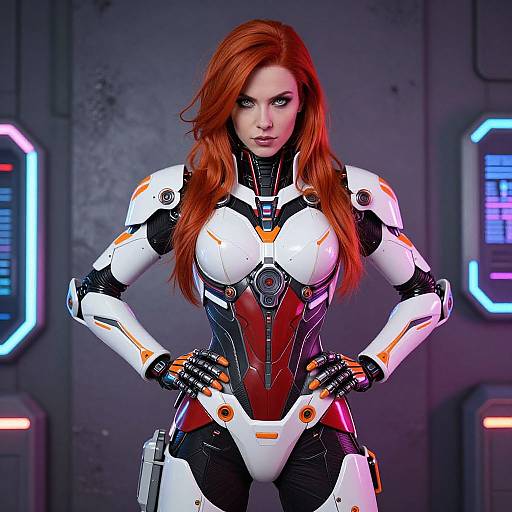 CGI image of a fierce, red-haired woman in a high-tech, white and red armored suit, hands on hips, in a futuristic, neon