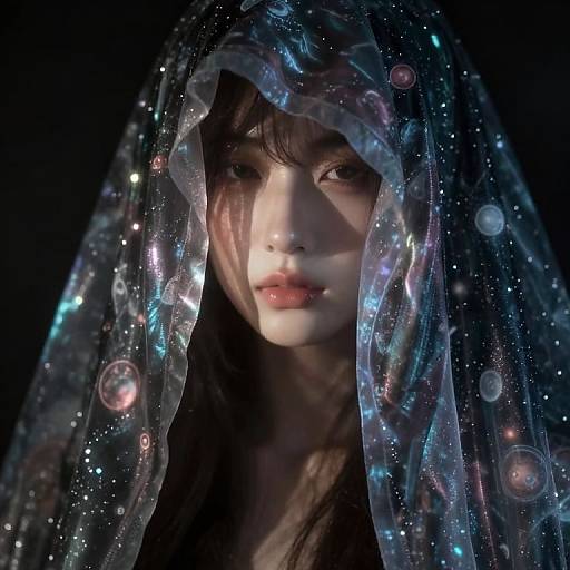 Photorealistic digital art of an ethereal Asian woman with translucent, starry bubble veil, illuminated from below, creating a mystical, otherworldly