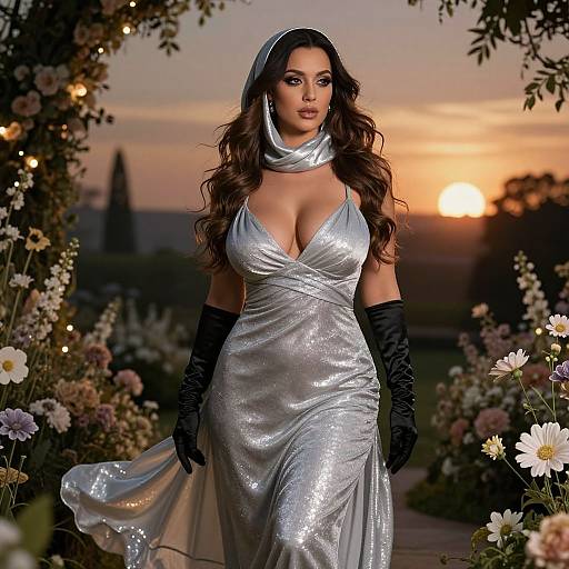 Photograph of a curvy woman with long brown hair, wearing a silver, low-cut, shimmering gown, black gloves, and headscarf