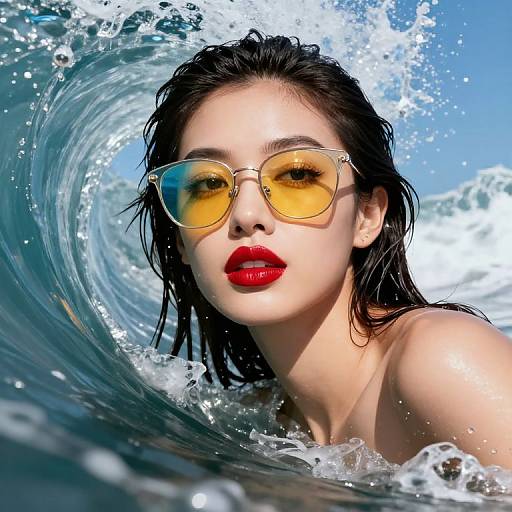 Photograph of an Asian woman with wet black hair, red lipstick, and yellow-tinted sunglasses, emerging from a powerful ocean wave.