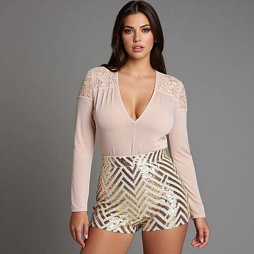 Photograph of a curvy woman with long black hair, wearing a pale pink, deep V-neck top and gold-sequined, geometric-patterned