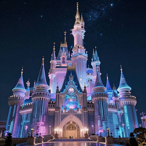 Photograph of a glowing, neon-lit fairy-tale castle at night, with blue, purple, and white lights illuminating its towers and sp