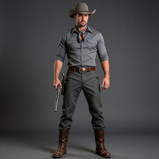 Photograph of a muscular man in cowboy attire, gray shirt, dark pants, brown boots, holding a gun, gray hat, blue tie, against