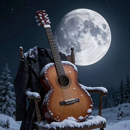 Photograph of a snowy outdoor scene with a wooden acoustic guitar, snow-covered, leaning on a chair against a full moon night sky.