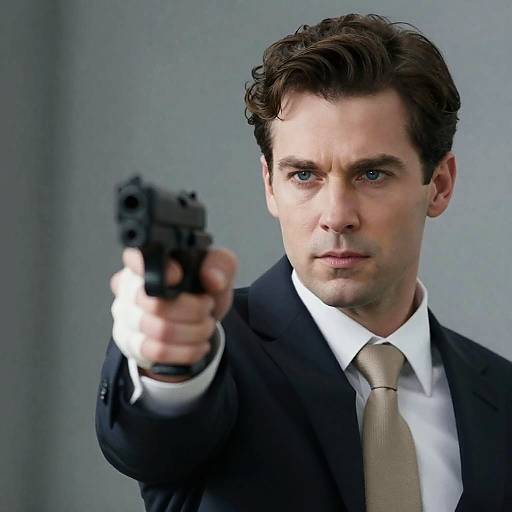 Intense Man in Suit with Gun