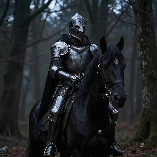Photograph of a knight in shiny, silver armor with a black helmet, riding a black horse in a dark, misty forest.