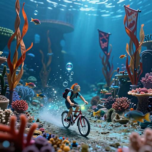 Photograph of a vibrant underwater scene with a child on a bicycle, surrounded by colorful coral, fish, and bubbles, illuminated by sunlight.