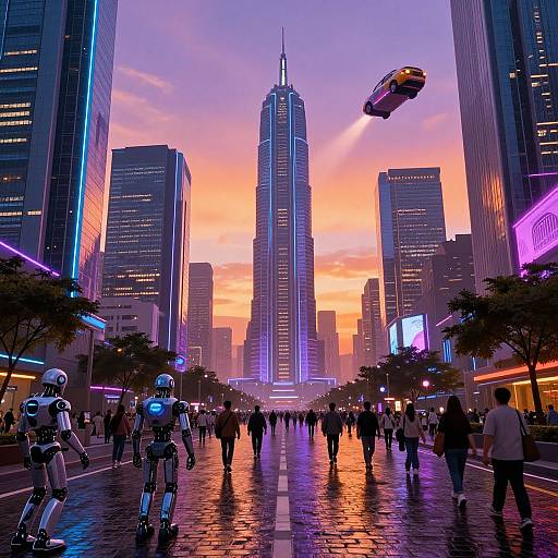 Digital art of a futuristic city street at sunset, with glowing skyscrapers, flying car, and two robotic figures among pedestrians.
