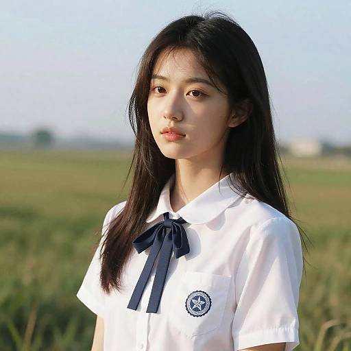 Photograph of a young East Asian woman with long black hair, wearing a white school uniform with a navy ribbon, standing in a sunlit, green