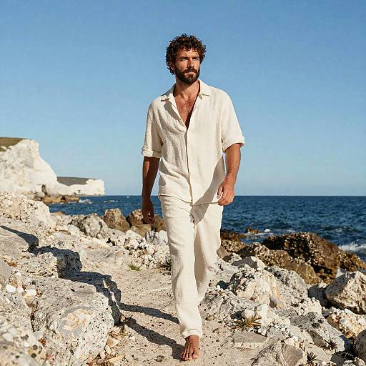 Photograph of a bearded man with curly hair, wearing an open white shirt and pants, walking barefoot on a rocky coastal path with blue sea
