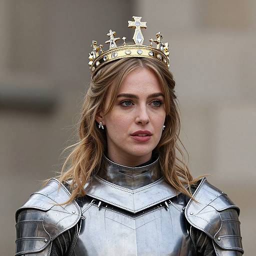 Photograph of a fair-skinned woman with long brown hair, wearing a gold crown with crosses, and silver medieval armor, looking forward. Blurred