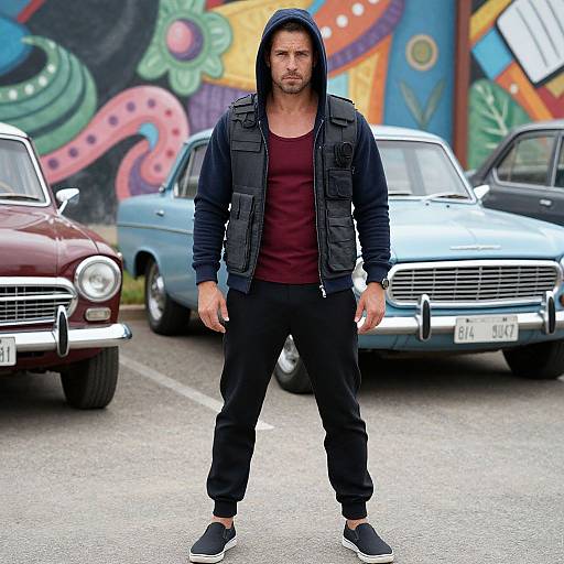 Photograph of a muscular man with a beard, black hooded jacket, maroon shirt, black pants, and black shoes, standing in front of