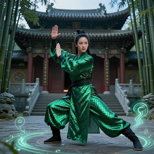 Photograph of an Asian woman in a green, metallic qi-gong uniform, performing a martial arts stance in front of a traditional Chinese temple, surrounded