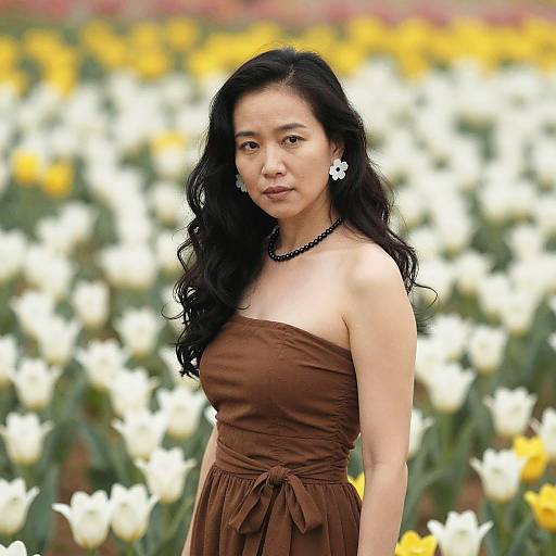 Photograph of an Asian woman with long black hair, wearing a brown strapless dress, black necklace, and white flower earrings, standing in a field