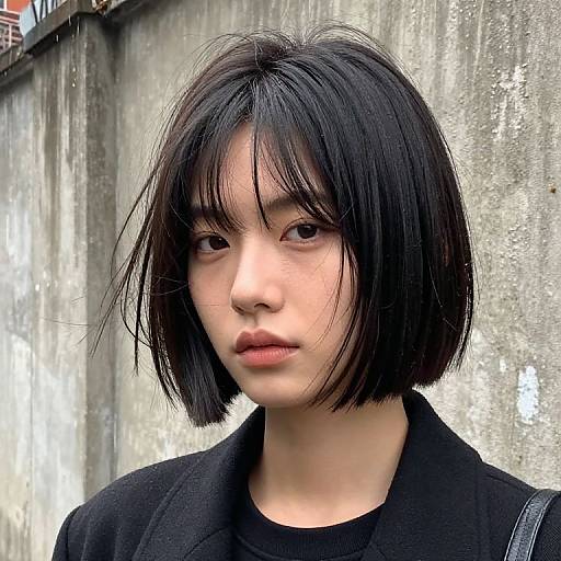 Photograph of an Asian woman with short, straight black hair, wearing a black coat, standing in front of a weathered concrete wall. She has