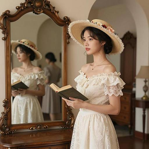 Elegant Woman in Ruffled Dress Reflection