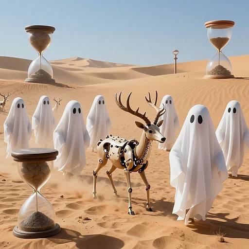 Digital artwork: Ghosts in white sheets and a black-spotted reindeer with antlers stand in a desert with hourglasses under a clear blue