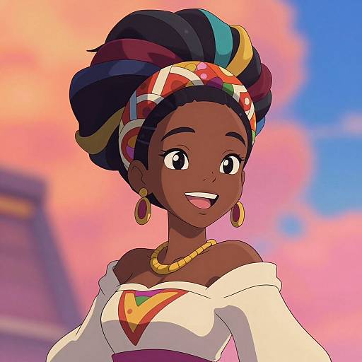 Vibrant digital illustration of a smiling, dark-skinned African woman with colorful headwrap, gold jewelry, white off-shoulder dress, and