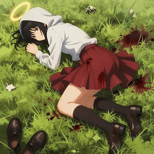 Anime-style digital artwork of a black-haired girl with a halo, white shirt, red skirt, black socks, and shoes, lying in grass with blood